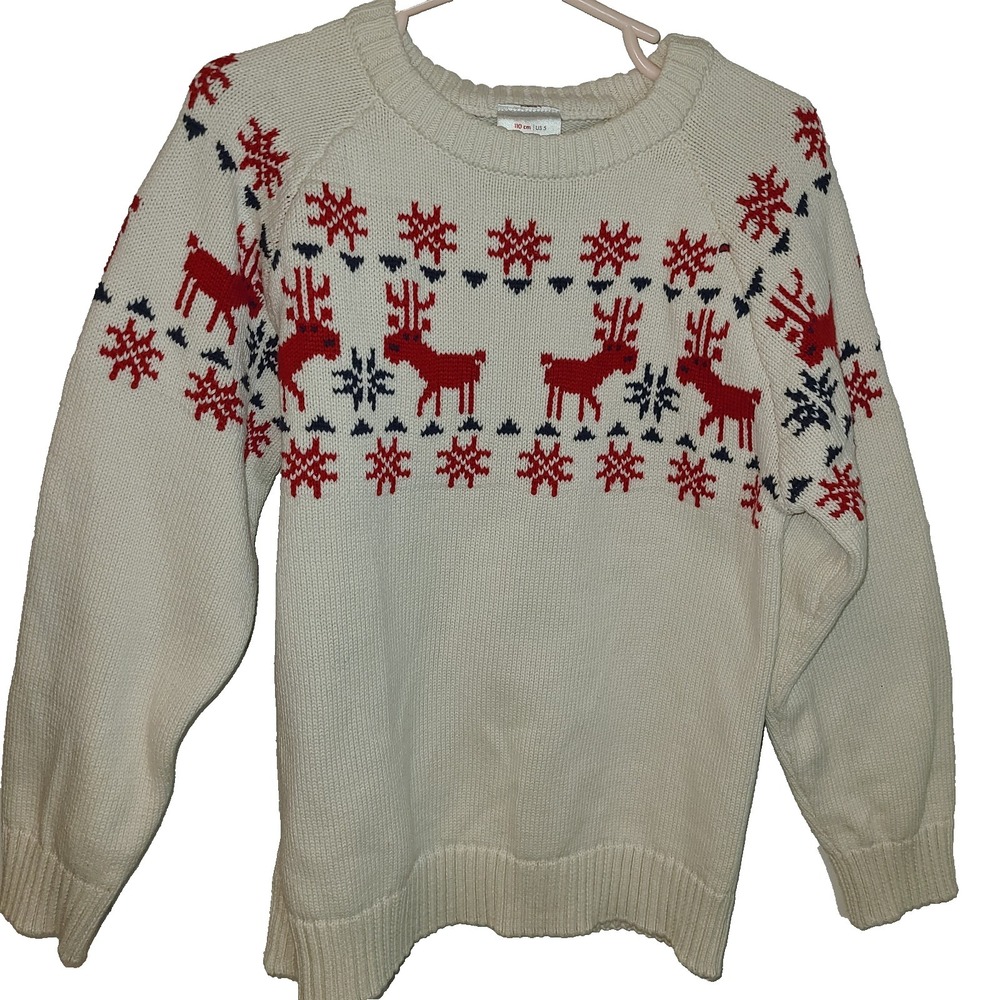 Hanna Andersson Boys Sweater Size 110 cm Reindeer Fair Isle Cream Red Blue